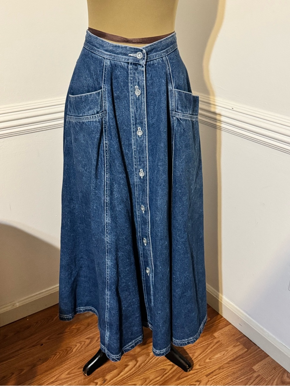 80’s Chaus Sport Button-Front Denim Maxi Skirt in Blue
